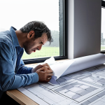 **A frustrated architect reviewing a building design, surrounded by blueprints, with a stressed expression. Rain and wind visible outside the window, impacting construction.** (This captures the weather-related challenges).