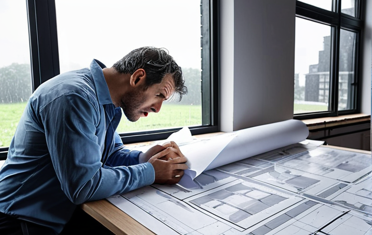 **A frustrated architect reviewing a building design, surrounded by blueprints, with a stressed expression. Rain and wind visible outside the window, impacting construction.** (This captures the weather-related challenges).