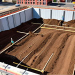 **Image of a construction site showing soil testing and assessment.** The scene should depict the importance of evaluating land before construction, highlighting potential problems like soil weakness and underground water levels. Consider including elements indicating the surrounding area's influence (nearby buildings, etc.). Focus on the theme of risk assessment.