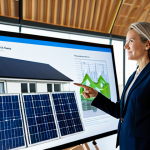 A professional female architect in a modest, elegant business suit, standing in a brightly lit, modern architectural studio. In the background, a large digital rendering of a sustainable, open-plan residential building is displayed, showcasing solar panels on the roof and visible rainwater harvesting elements. She is pointing to a detail on the screen, engaged in a discussion or presentation. Perfect anatomy, correct proportions, natural pose, well-formed hands, proper finger count, natural body proportions, professional photography, high resolution, soft lighting, sharp focus, safe for work, appropriate content, fully clothed, professional, family-friendly.