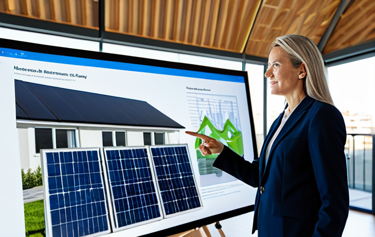A professional female architect in a modest, elegant business suit, standing in a brightly lit, modern architectural studio. In the background, a large digital rendering of a sustainable, open-plan residential building is displayed, showcasing solar panels on the roof and visible rainwater harvesting elements. She is pointing to a detail on the screen, engaged in a discussion or presentation. Perfect anatomy, correct proportions, natural pose, well-formed hands, proper finger count, natural body proportions, professional photography, high resolution, soft lighting, sharp focus, safe for work, appropriate content, fully clothed, professional, family-friendly.