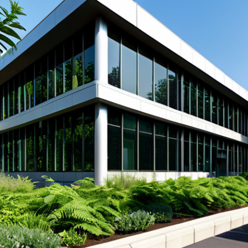 **

"A modern office building with large windows showcasing the play of light and shadow, surrounded by lush greenery, safe for work, appropriate content, fully clothed, professional architecture photography, perfect anatomy, correct proportions, natural light, sustainable design, environmentally friendly, modest design."

**
