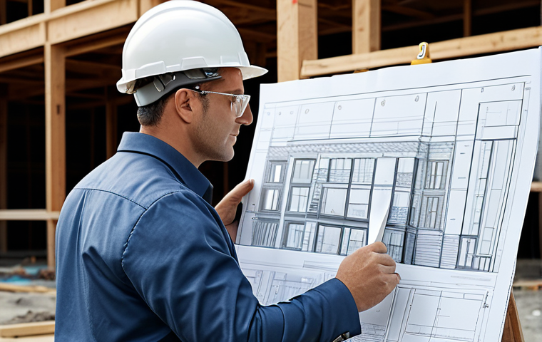 건축 실무에서 협상 전략 배우기 - "A confident construction project manager, fully clothed in professional attire, reviewing blueprint...
