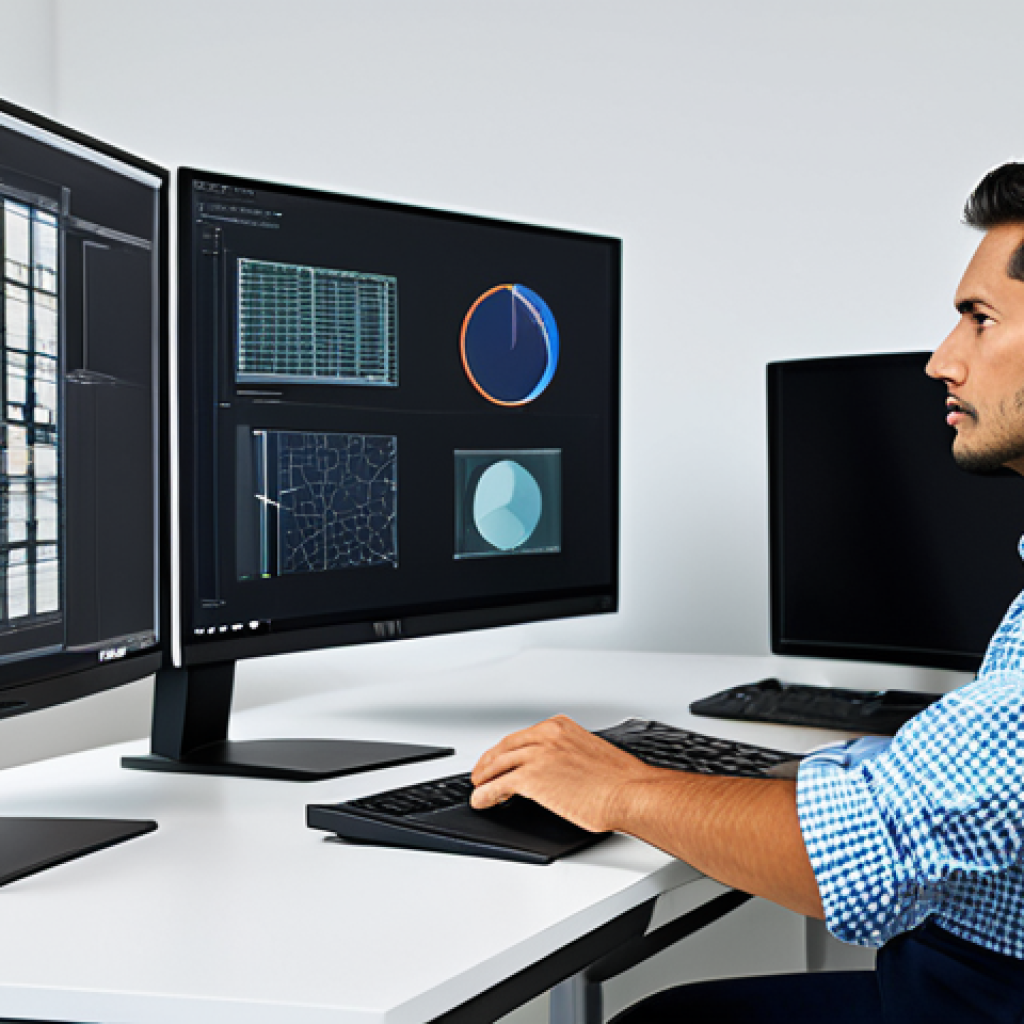 건축 설계와 컴퓨테이셔널 디자인 사례 - **
"Architect at a workstation, reviewing computational design models on a large monitor, fully clo...