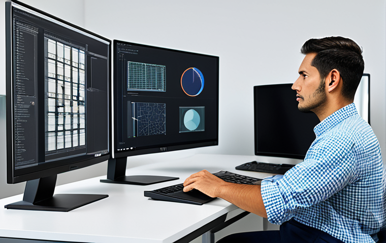 건축 설계와 컴퓨테이셔널 디자인 사례 - **
"Architect at a workstation, reviewing computational design models on a large monitor, fully clo...