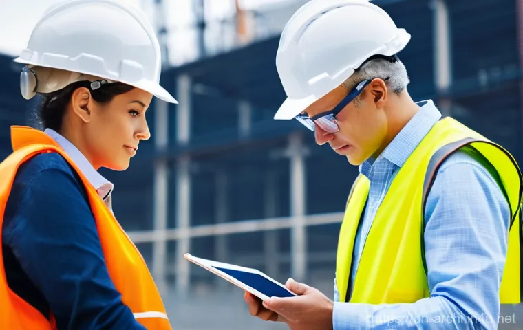 건축가의 현장 경험 사례 - **Prompt:** A diverse team of construction workers and engineers, including a young male engineer an...