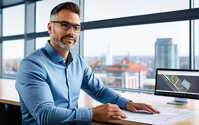 건축 실무에서 꼭 알아야 할 기술 - **Professional Architect Utilizing Advanced BIM Software:**
A highly detailed, realistic image o...