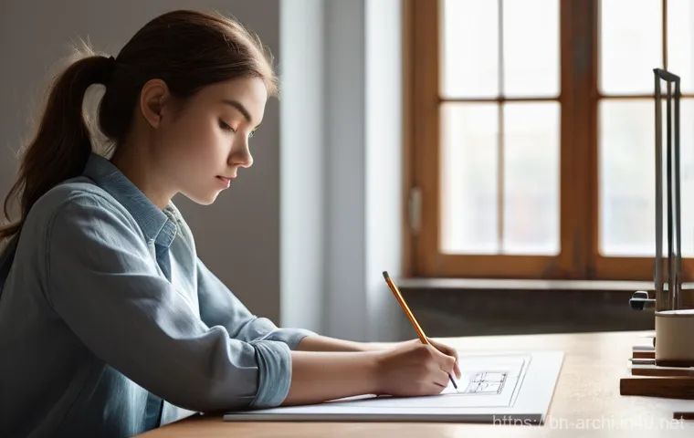 건축 실기 시험에서 실수 줄이는 법 - **Prompt 1: Focused Architectural Student at the Drawing Board**
"A young adult female architect...