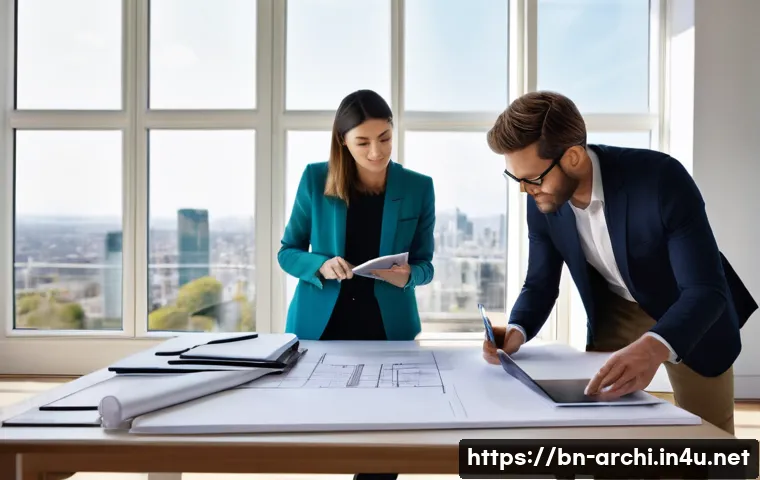 건축가가 처음 맡는 프로젝트에서 유의할 점 - **A Collaborative Vision Meeting:** A bright, modern architectural studio office with large windows ...