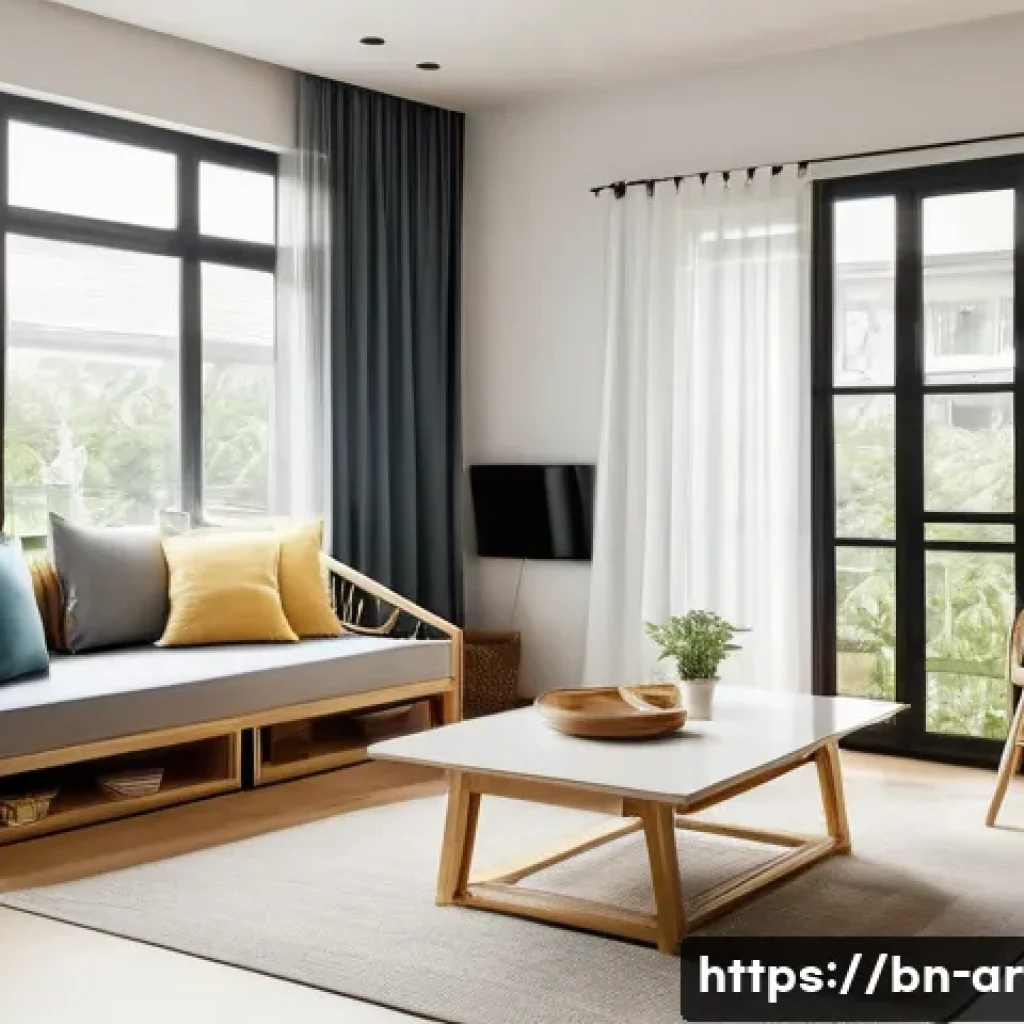 건축 설계에서의 공간 효율성 고려 - A modern small apartment interior designed with versatile furniture, showcasing a sofa with built-in...