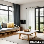 Home 14 건축 설계에서의 공간 효율성 고려 - A modern small apartment interior designed with versatile furniture, showcasing a sofa with built-in...