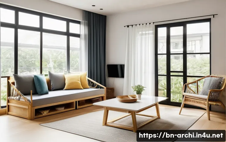 건축 설계에서의 공간 효율성 고려 - A modern small apartment interior designed with versatile furniture, showcasing a sofa with built-in...