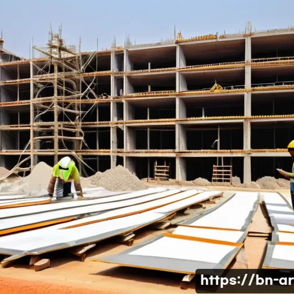 건축 프로젝트의 품질 관리 체크리스트 - A detailed construction site scene in Bangladesh showing workers wearing safety helmets and reflecti...