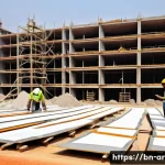 Home 19 건축 프로젝트의 품질 관리 체크리스트 - A detailed construction site scene in Bangladesh showing workers wearing safety helmets and reflecti...