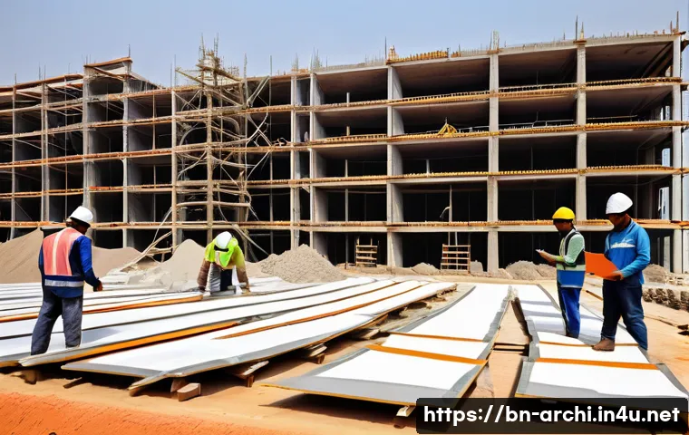 건축 프로젝트의 품질 관리 체크리스트 - A detailed construction site scene in Bangladesh showing workers wearing safety helmets and reflecti...