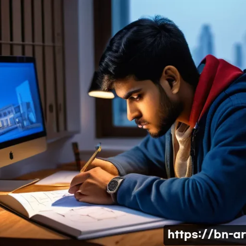 건축가가 되는 과정에서 겪는 도전 - A dedicated Bengali architecture student studying late at night in a cozy room filled with architect...
