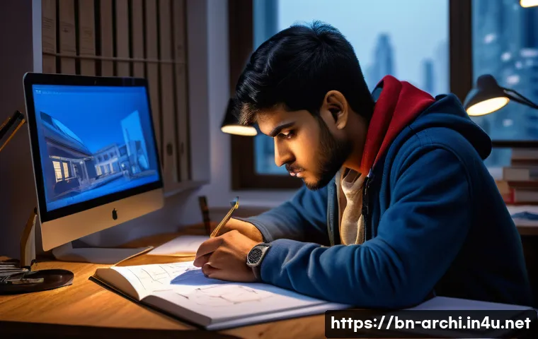 건축가가 되는 과정에서 겪는 도전 - A dedicated Bengali architecture student studying late at night in a cozy room filled with architect...