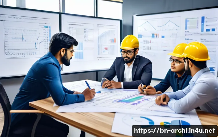 건축 프로젝트 성공을 위한 체크리스트 - A detailed construction project planning scene showing a diverse Bengali engineering team gathered a...