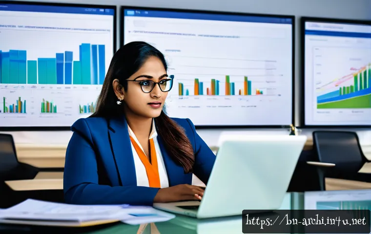 건축 프로젝트의 자금 조달 방법 - A professional Bengali businesswoman in a modern office setting, analyzing diverse financing options...