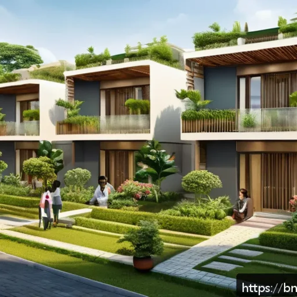 건축가의 직업 윤리와 사례 - A detailed architectural visualization of an eco-friendly residential complex in a Bengali urban set...