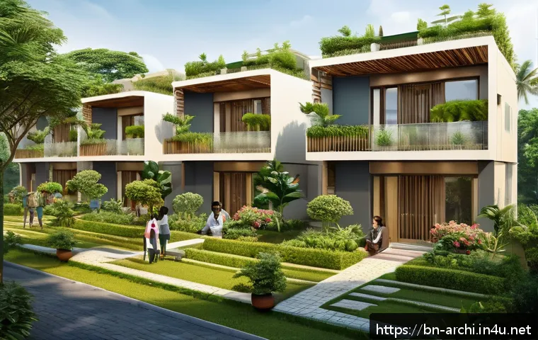 건축가의 직업 윤리와 사례 - A detailed architectural visualization of an eco-friendly residential complex in a Bengali urban set...