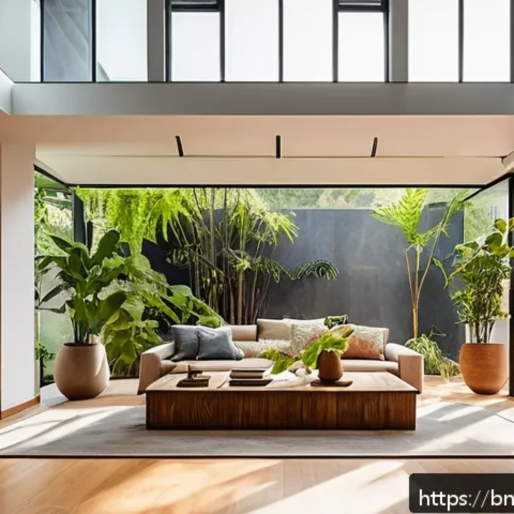 건축 설계와 감각적 경험 디자인 - A modern eco-friendly home interior bathed in abundant natural light streaming through large windows...