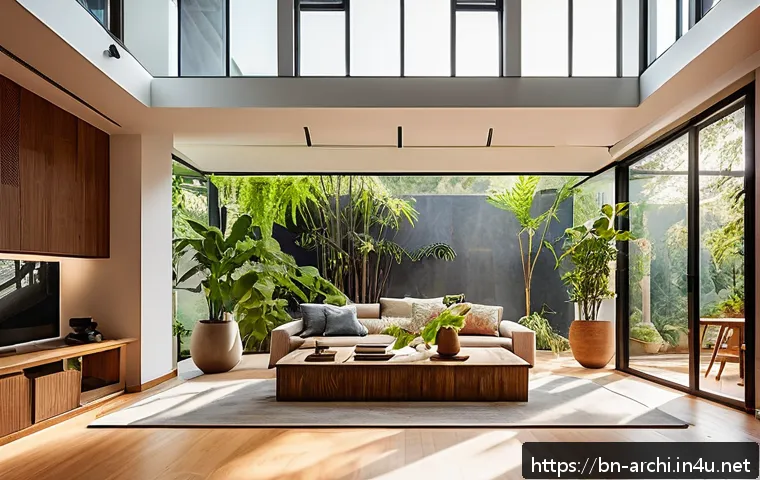 건축 설계와 감각적 경험 디자인 - A modern eco-friendly home interior bathed in abundant natural light streaming through large windows...