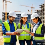 Home 22 건축 실무에서의 프로젝트 리더십 - A detailed construction site scene showing a diverse Bengali team of engineers and workers actively ...