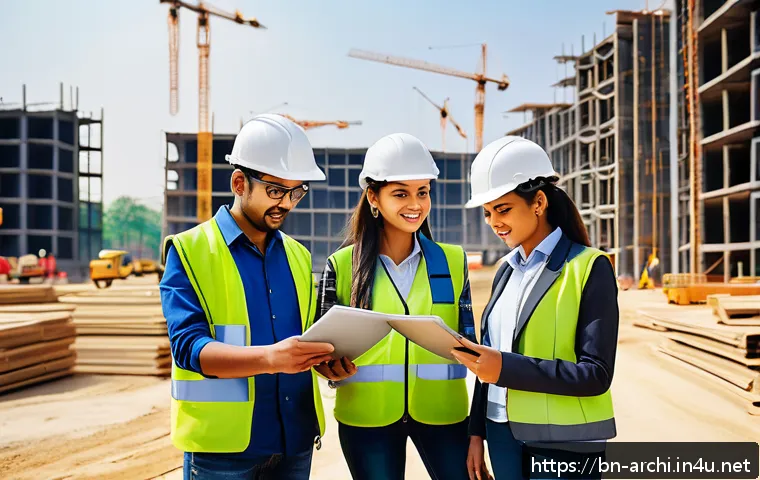 건축 실무에서의 프로젝트 리더십 - A detailed construction site scene showing a diverse Bengali team of engineers and workers actively ...
