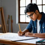 Home 21 건축 실기 시험 고득점 전략 - A focused young Bengali architecture student wearing casual clothes and glasses, seated at a wooden ...