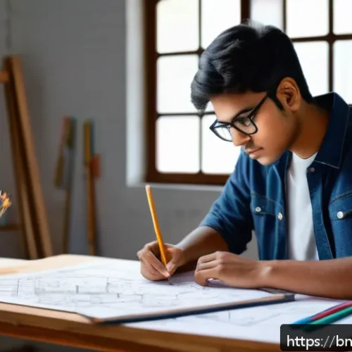 Home 33 건축 실기 시험 고득점 전략 - A focused young Bengali architecture student wearing casual clothes and glasses, seated at a wooden ...