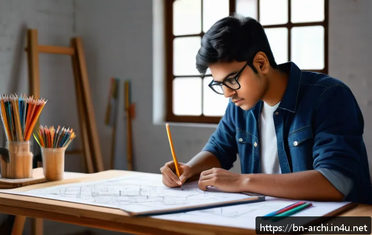 건축 실기 시험 고득점 전략 - A focused young Bengali architecture student wearing casual clothes and glasses, seated at a wooden ...