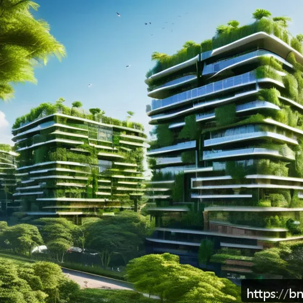 건축 설계에서의 창의적 프로세스 연구 - A futuristic smart cityscape blending nature and technology, featuring eco-friendly buildings with s...