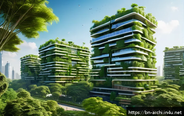 건축 설계에서의 창의적 프로세스 연구 - A futuristic smart cityscape blending nature and technology, featuring eco-friendly buildings with s...