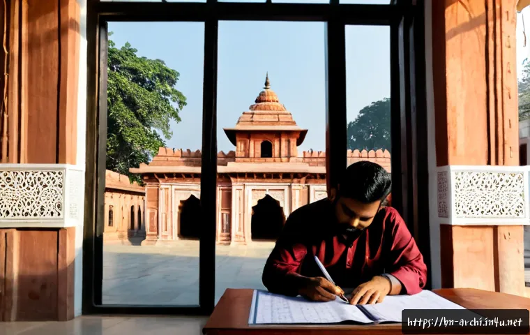 건축 설계에서 역사적 맥락 고려하기 - Photorealistic architectural design studio in Bangladesh, a thoughtful Bengali architect reviewing a...
