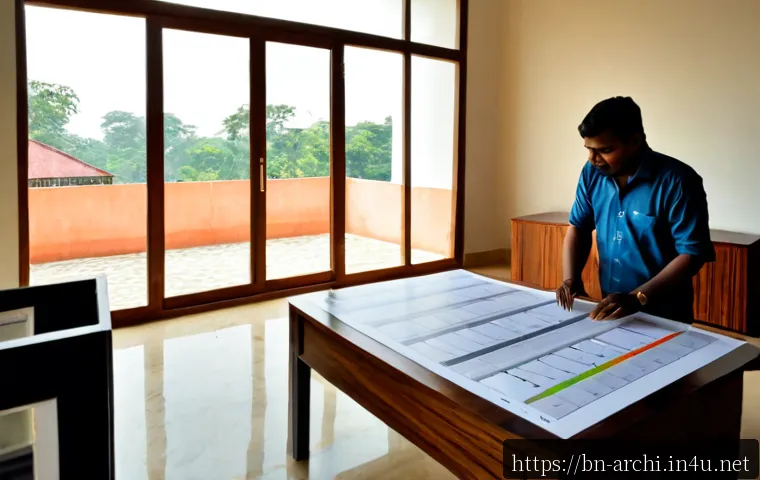 건축 설계의 미학적 접근과 실용성 균형 - Photorealistic architectural studio scene in Bangladesh, an architect reviewing a refined scale mode...
