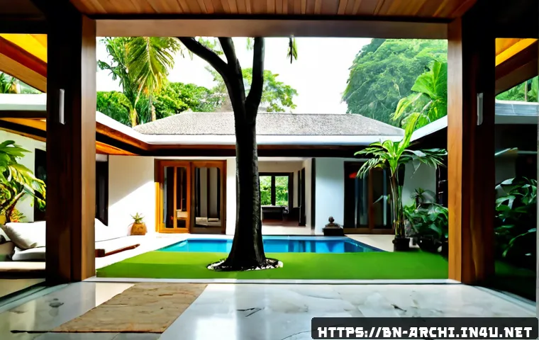 건축 설계에서 자연 요소 활용 - Photorealistic contemporary tropical home designed around a mature courtyard tree, open-plan living ...