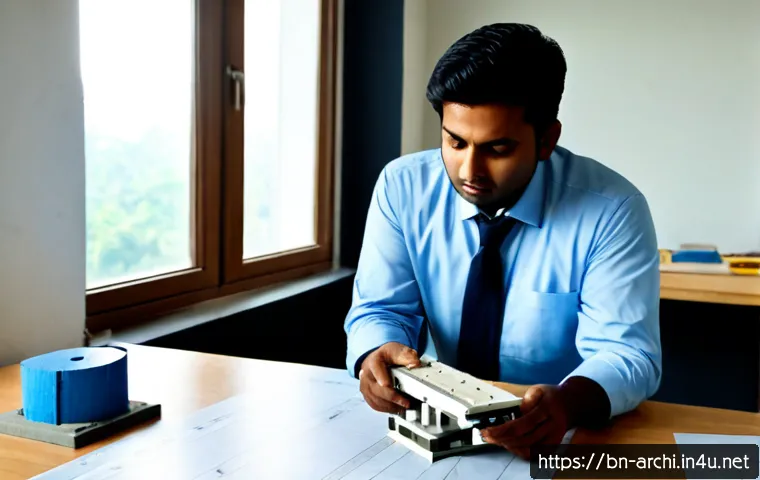 Home 17 건축가가 경험한 실패 사례 공유 - Photorealistic Bangladeshi architect in a modest professional outfit examining a cracked scale model...