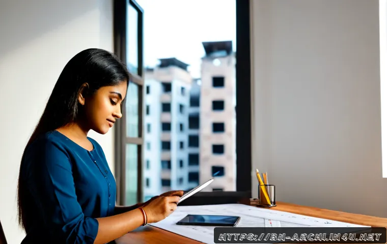 건축가가 알아야 할 최신 법률 - Photorealistic South Asian architect in a modern Dhaka-style design studio, carefully comparing a ro...