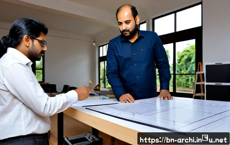 Home 17 건축 실무에서 요구되는 협업 스킬 분석 - Photorealistic architectural project coordination meeting in a bright modern studio, diverse South A...